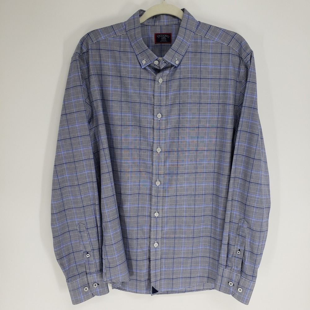 UNTUCKIt Glen Plaid Button Down Dress Shirt Men Large Blue Wrinkle Free Cotton